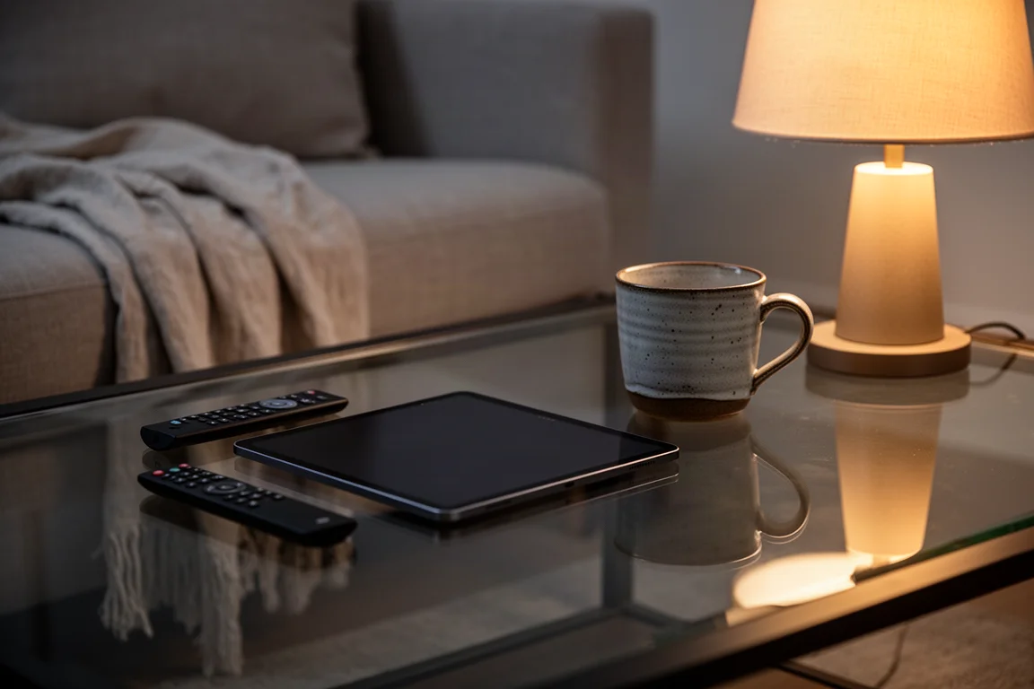 Tablet e controle remoto sobre uma mesa de centro sob a luz quente de um abajur à noite