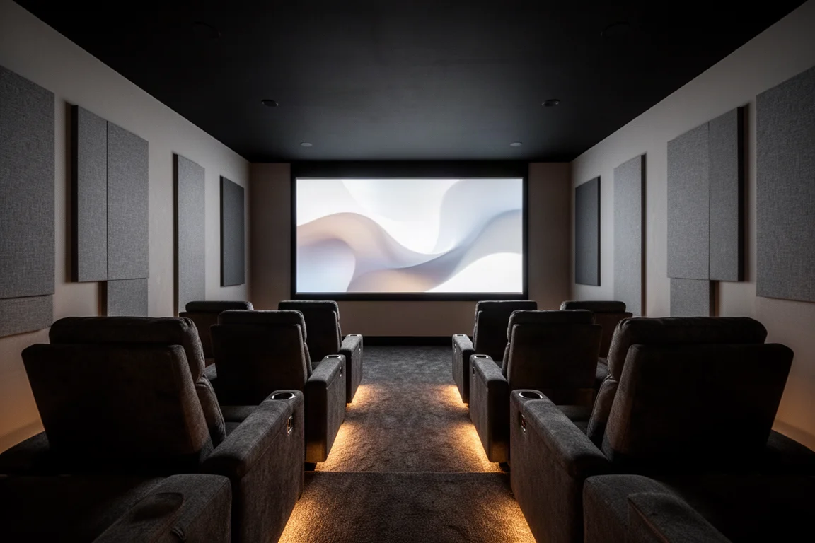 Home theater com duas fileiras de poltronas, painéis acústicos e uma tela brilhando