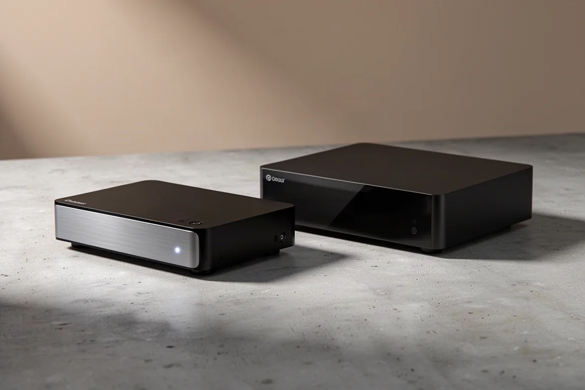 Two slim black Kaleidescape media players on a matte concrete surface