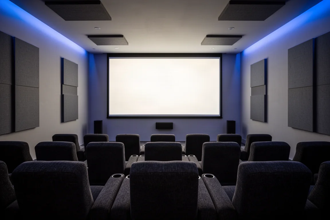 Sala de cine en casa dedicada con una gran pantalla de proyección brillando en penumbra
