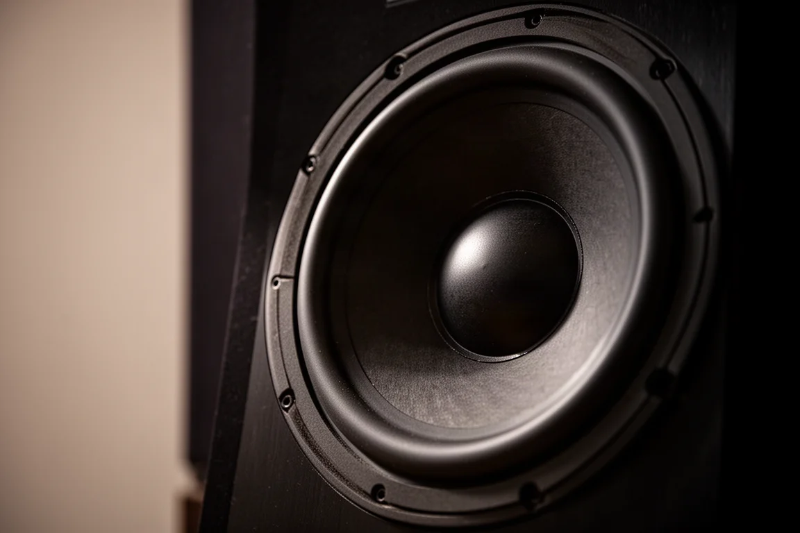 Primer plano del controlador de un gran subwoofer en una sala de cine a oscuras
