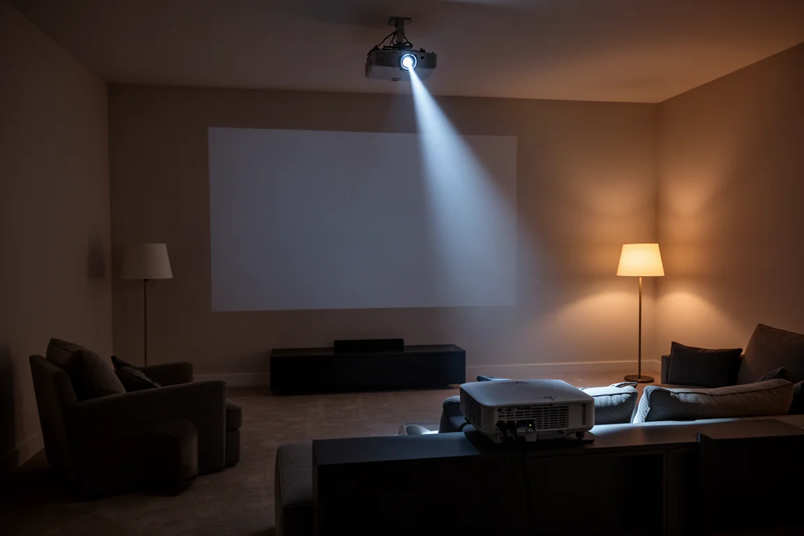Sala multimedia de noche con un haz de proyector cruzando hacia la pantalla