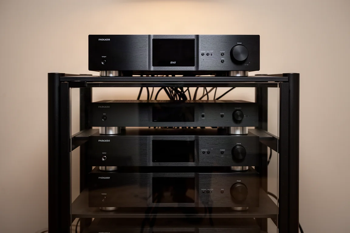 Rack de equipos de cine en casa con cables bien ordenados e iluminación suave