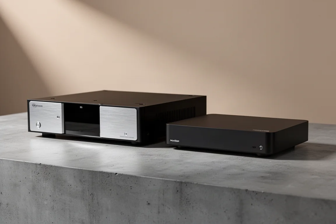 Media server and slim movie player side by side on a concrete surface