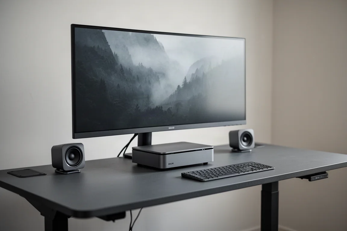 Breiter Schreibtisch mit Ultrawide-Display und um ein Basismodul angeordneten Lautsprechern