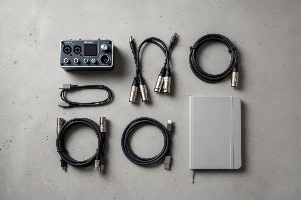 Draufsicht auf ein Audio-Interface, XLR-Kabel und ein USB-Kabel auf Beton