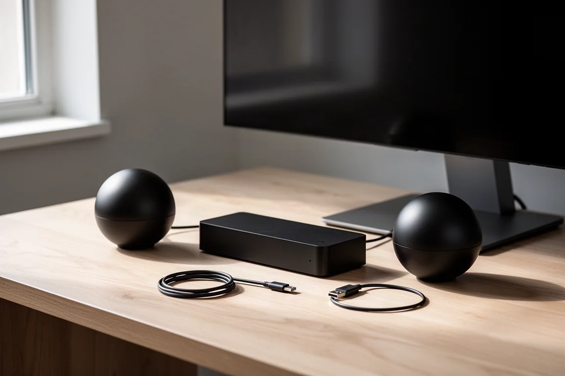 Two spherical desktop monitor satellites with a central base module on a pale wood desk