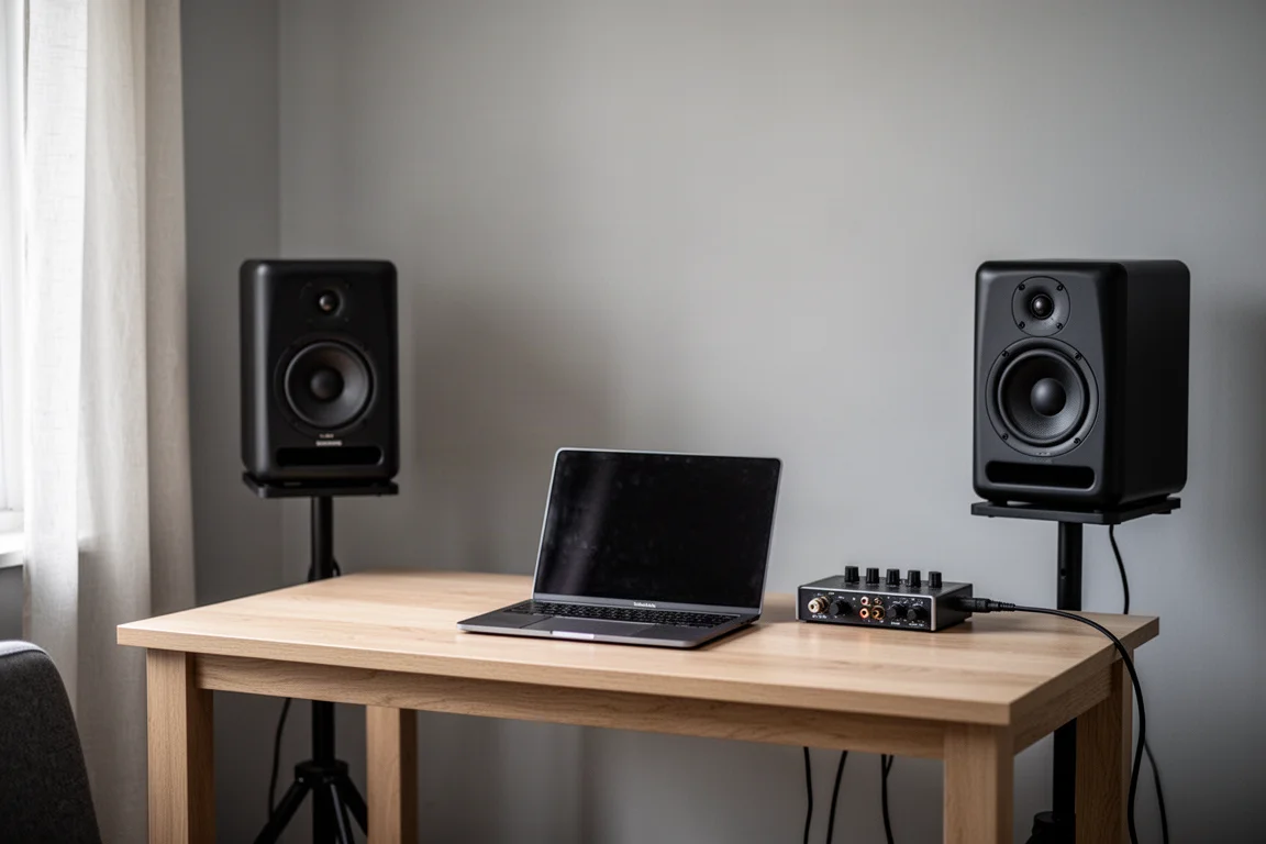 Paire de moniteurs de studio amplifiés sur pieds dans un petit home studio à l'éclairage doux