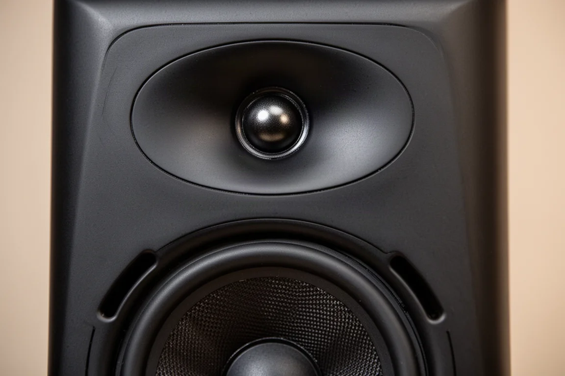 Gros plan sur un guide d'onde elliptique de tweeter et un cône de woofer sur un moniteur de studio amplifié