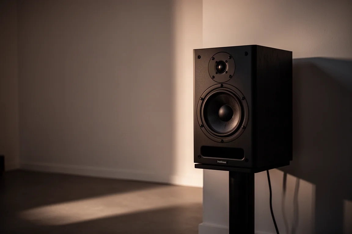 Moniteur de studio placé près d'un mur dans une pièce sombre à la lumière douce du soir