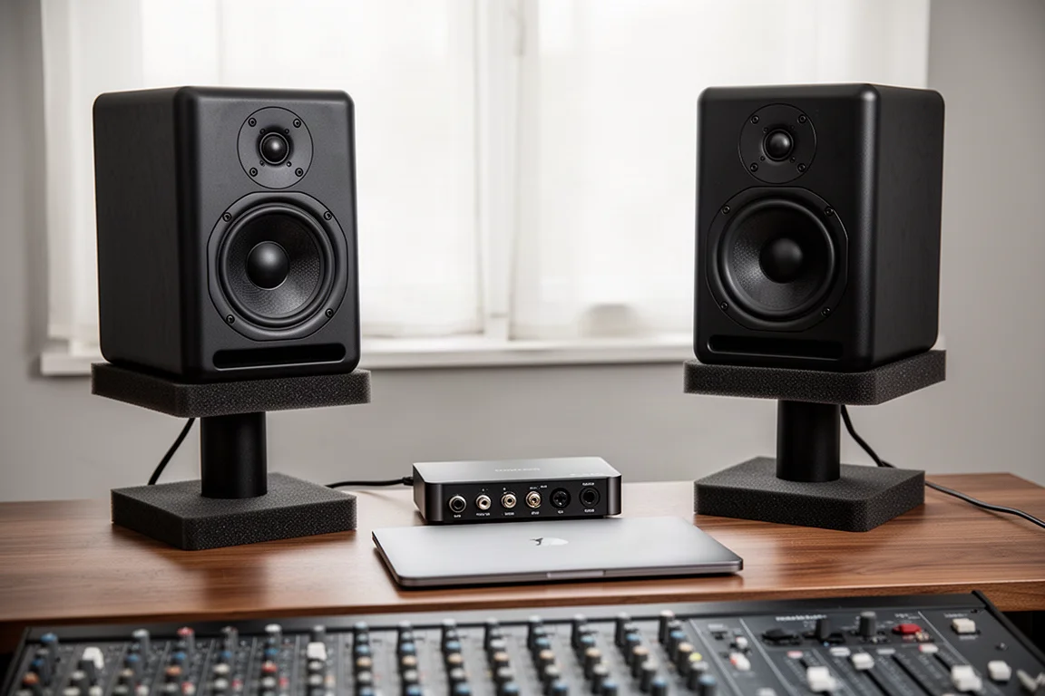 Deux moniteurs de studio sur des supports d'isolation à hauteur d'oreille sur un bureau en bois