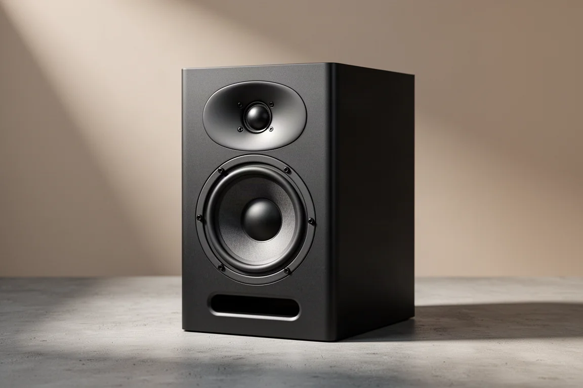 Black two-way powered studio monitor with tweeter waveguide and front slot port on concrete