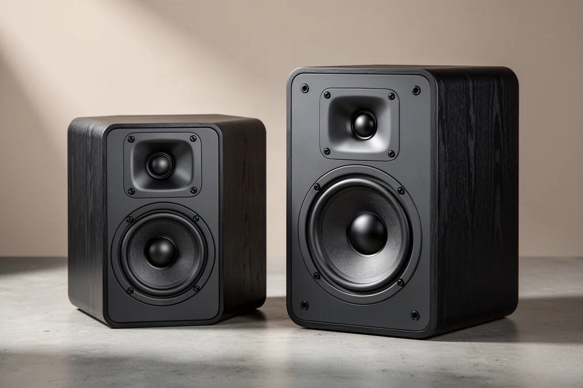 Two black powered studio monitors of different sizes on a matte concrete surface