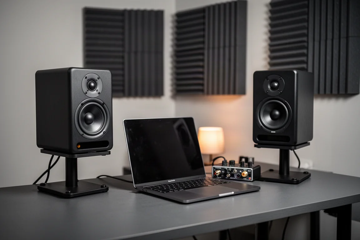Heimstudio-Schreibtisch mit zwei Studiomonitoren und Akustikpanels in weichem Licht