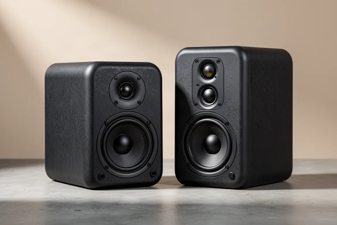Two pairs of compact black nearfield studio monitors side by side on concrete