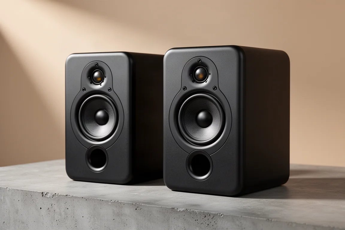 Pair of black three-way studio monitors with coaxial drivers on a concrete surface