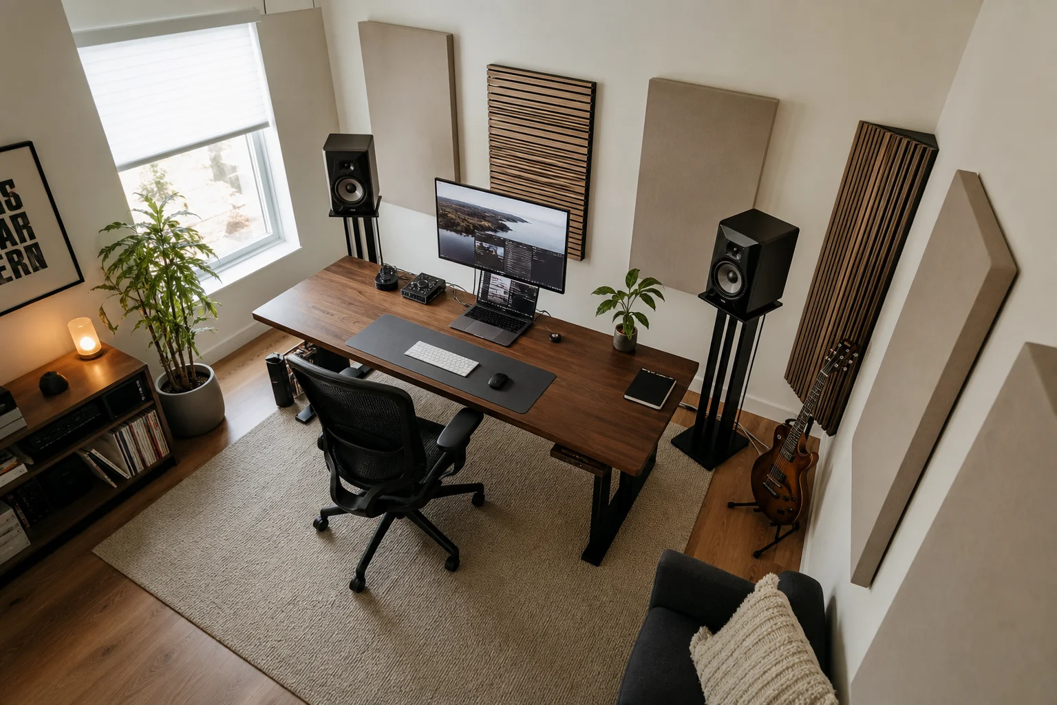 Hemstudio med monitorhögtalare och akustikbehandling