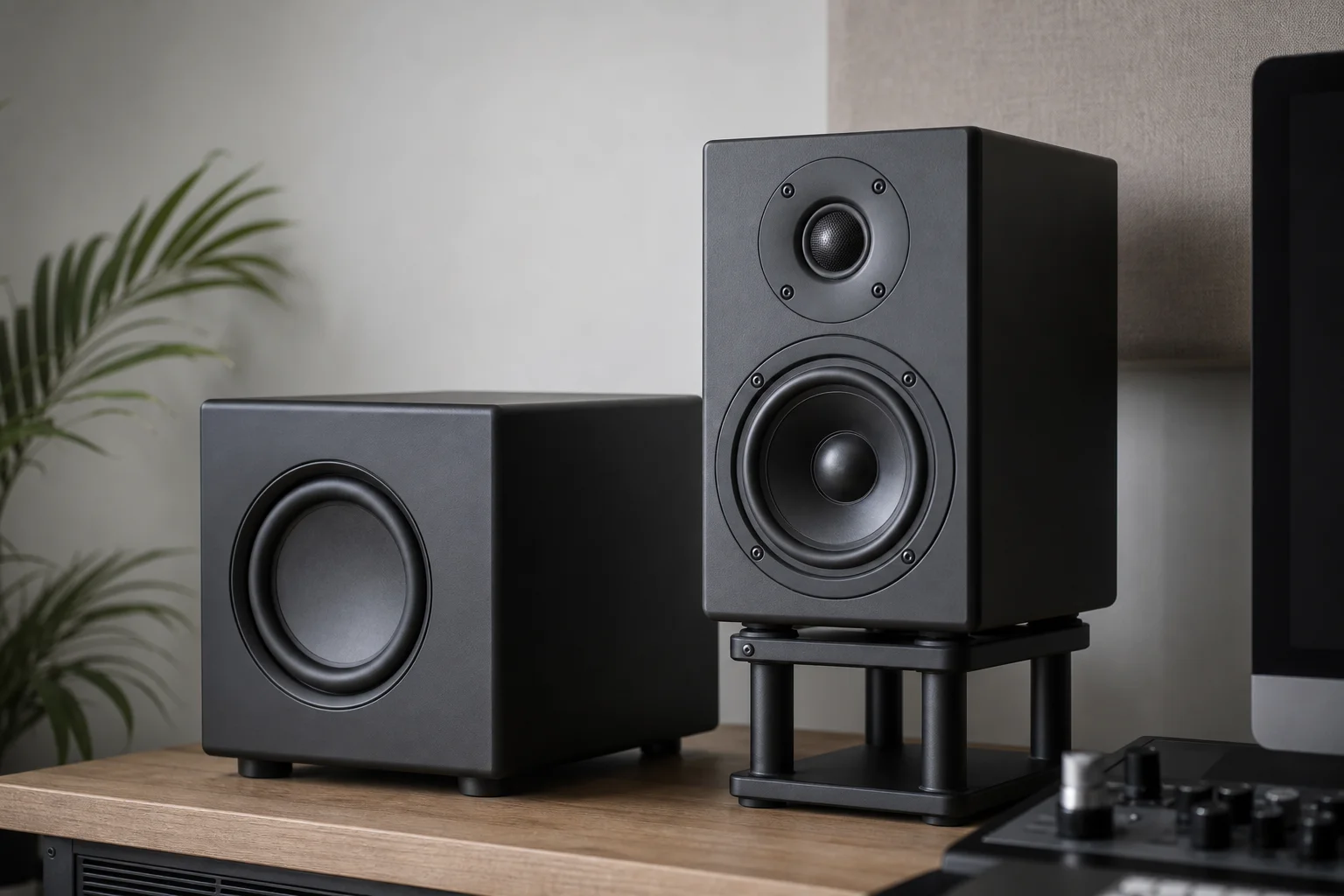 Studiomonitor placerad bredvid en kompakt subwoofer