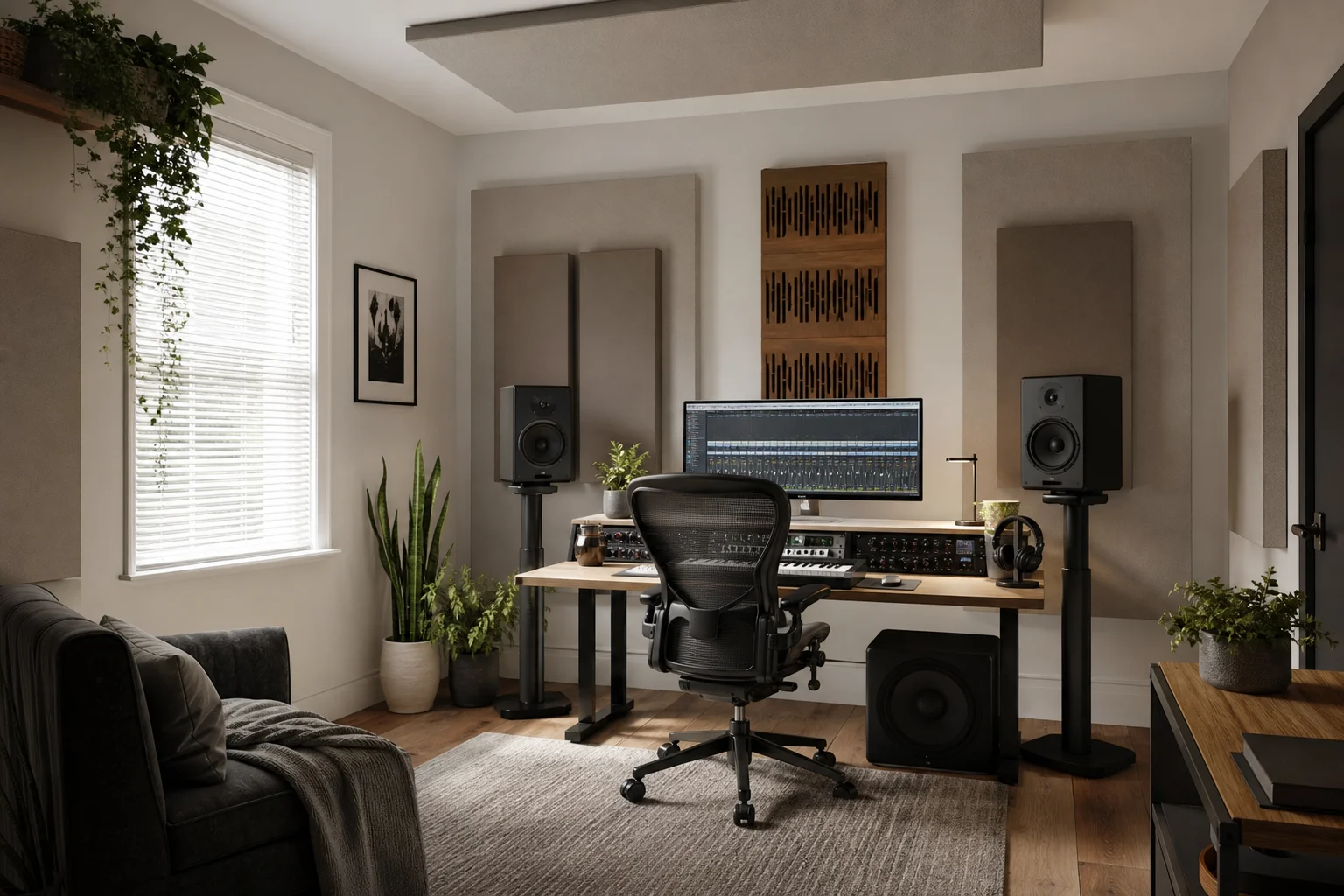 Kompakt hemstudio med subwoofer, monitorer och akustikbehandling