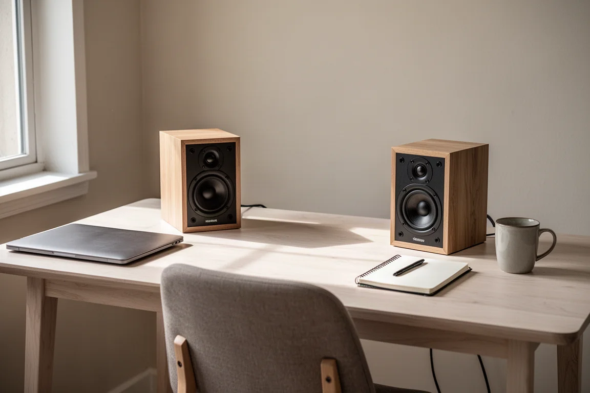 Compacte desktopmonitors gericht naar een lege stoel op een licht houten bureau