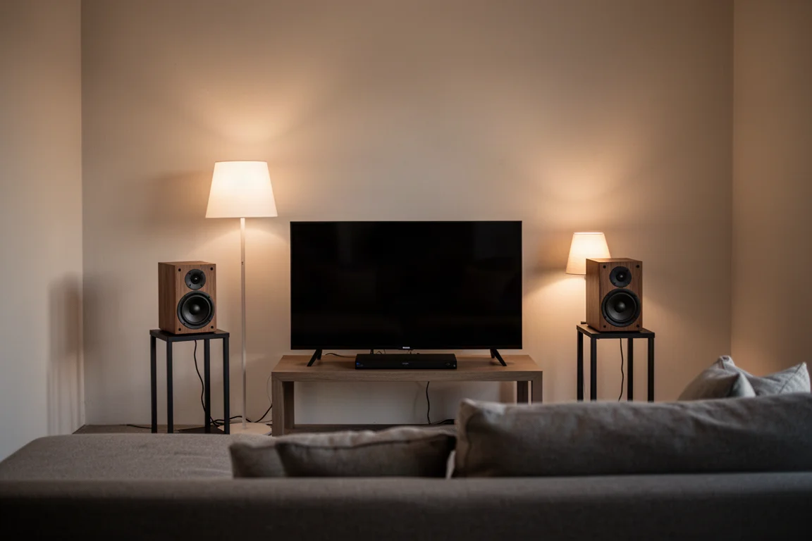 Kleine woonkamer in de schemering met compacte speakers aan weerszijden van een televisie en een vloerlamp