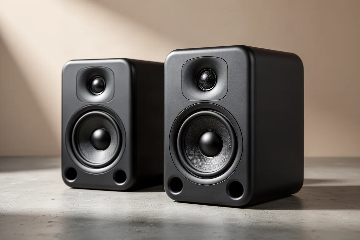 Pair of compact black powered desktop studio monitors on a concrete surface