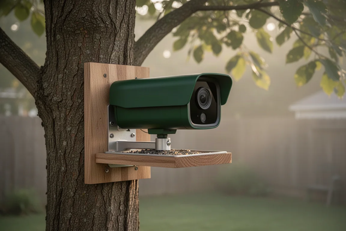 Smarter Vogelfutterspender auf einem Holzbrett an einem Baumstamm im Garten montiert