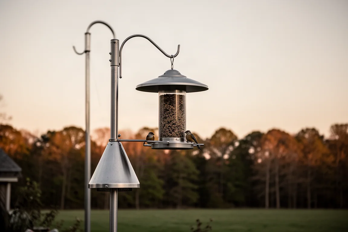 Smarter Vogelfutterspender an einer Stange mit Eichhörnchenabwehr in der Abenddämmerung