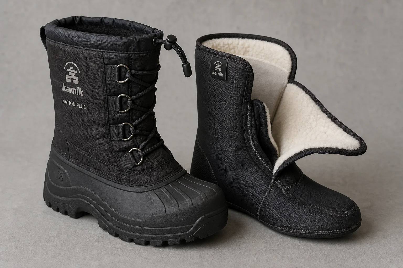 Winter hiking boot setup with pac boots, socks, gaiters, and booties on snow