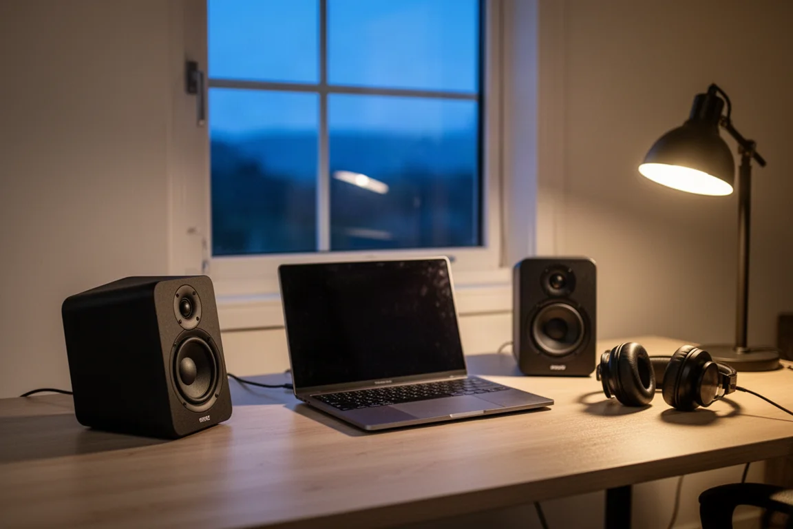 Kompakte Desktop-Lautsprecher auf einem Schreibtisch mit einem kleinen Subwoofer auf dem Boden darunter