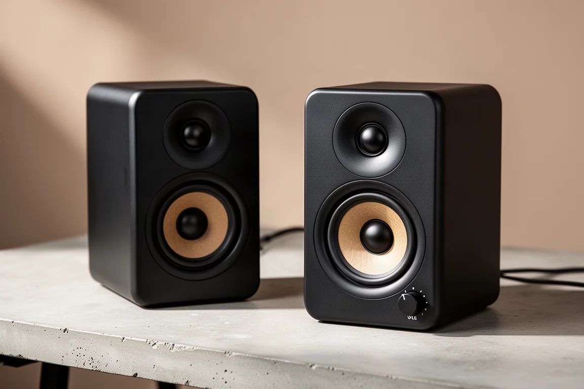 Kanto Aura compact active desktop speakers angled inward on a pale wood desk