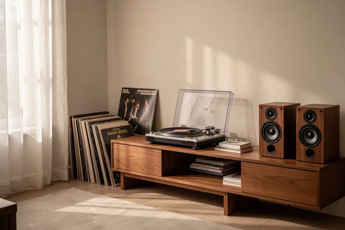 Giradischi su un mobile in legno con dischi in vinile e diffusori da scaffale nelle vicinanze