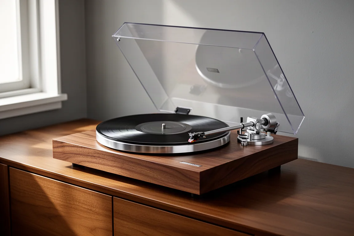 Walnut belt-drive turntable with aluminium platter and J-shaped tonearm on a wooden sideboard