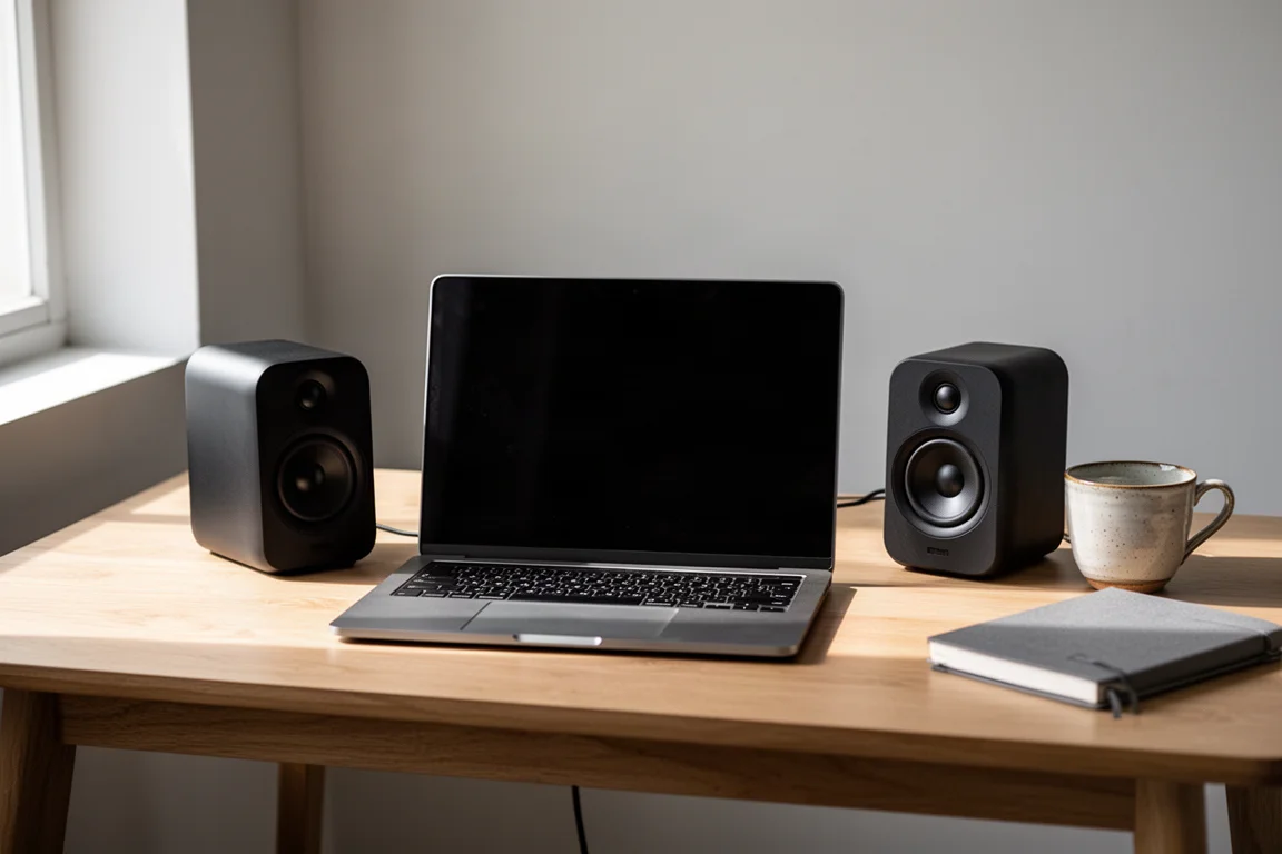 Diffusori compatti da scrivania su una scrivania in legno accanto a un laptop in luce soffusa