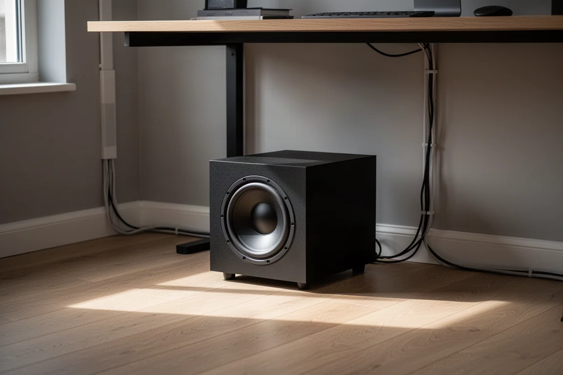 Subwoofer sigillato sul pavimento sotto una scrivania in una stanza piccola