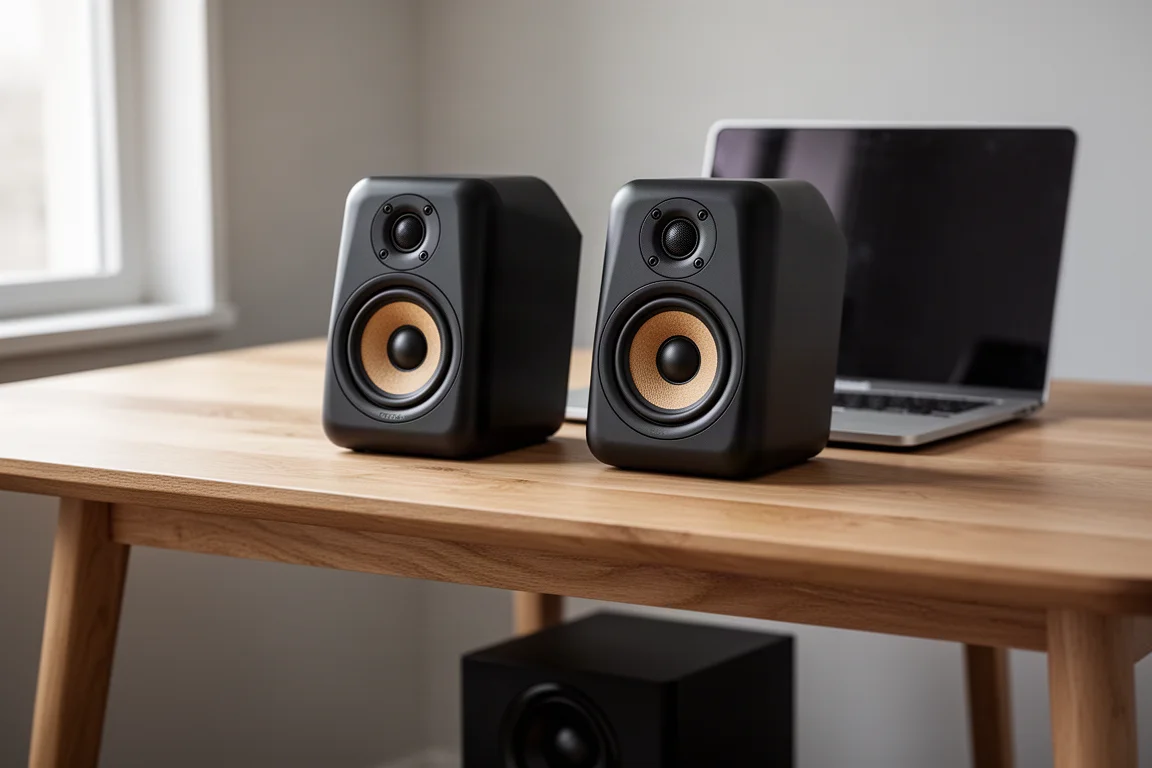 Compact black desktop speakers and a small subwoofer arranged around a laptop on a wood desk