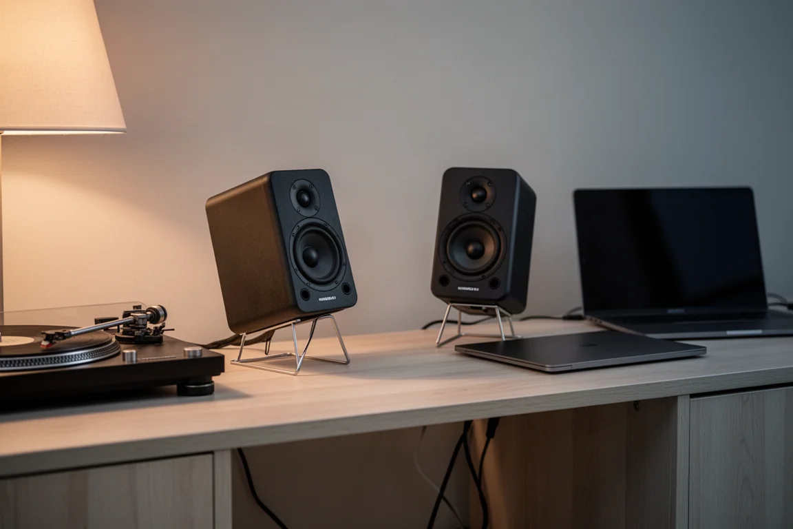 Bureau maison bien rangé avec des enceintes amplifiées compactes sur des supports inclinés et une platine vinyle