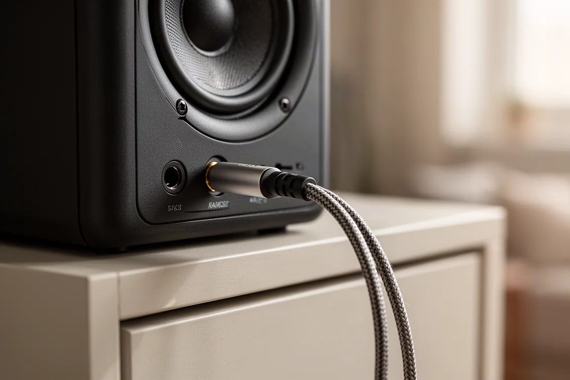 Câble de casque branché dans la prise frontale d'une enceinte de bureau