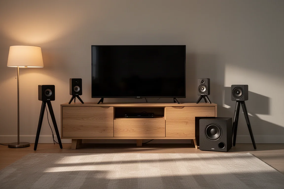 Meuble TV de salon avec deux petites enceintes et un caisson de basses clos
