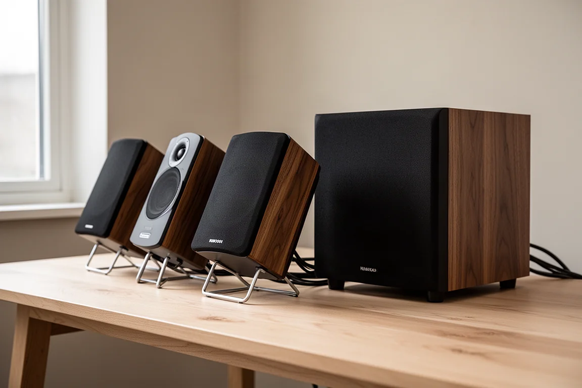 Compact powered desktop speakers on stands beside a sealed subwoofer on a pale wood desk