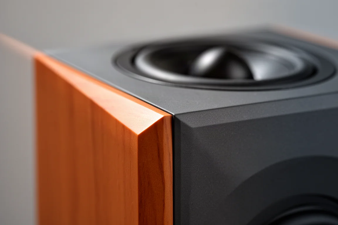 Enceinte bleue compacte suspendue sur un support dans une pièce vide avec un microphone de mesure devant elle