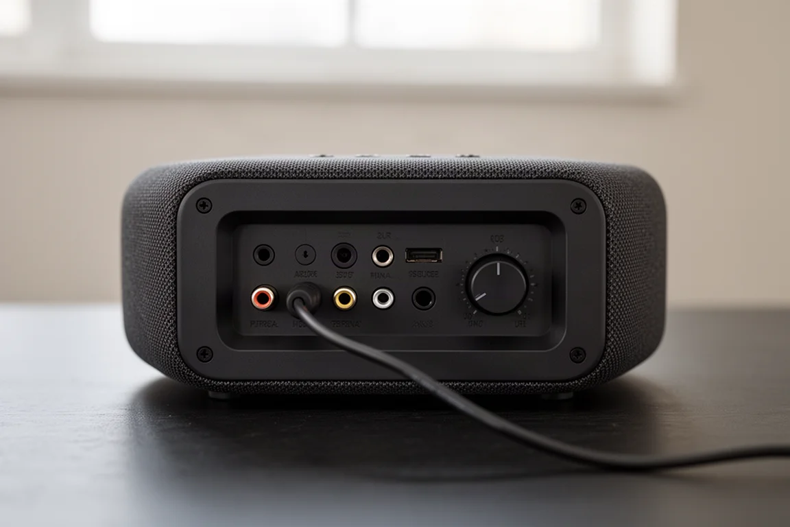 Gros plan du panneau arrière d'une enceinte montrant les ports HDMI, optique, USB et analogiques à côté d'un évent de bass reflex