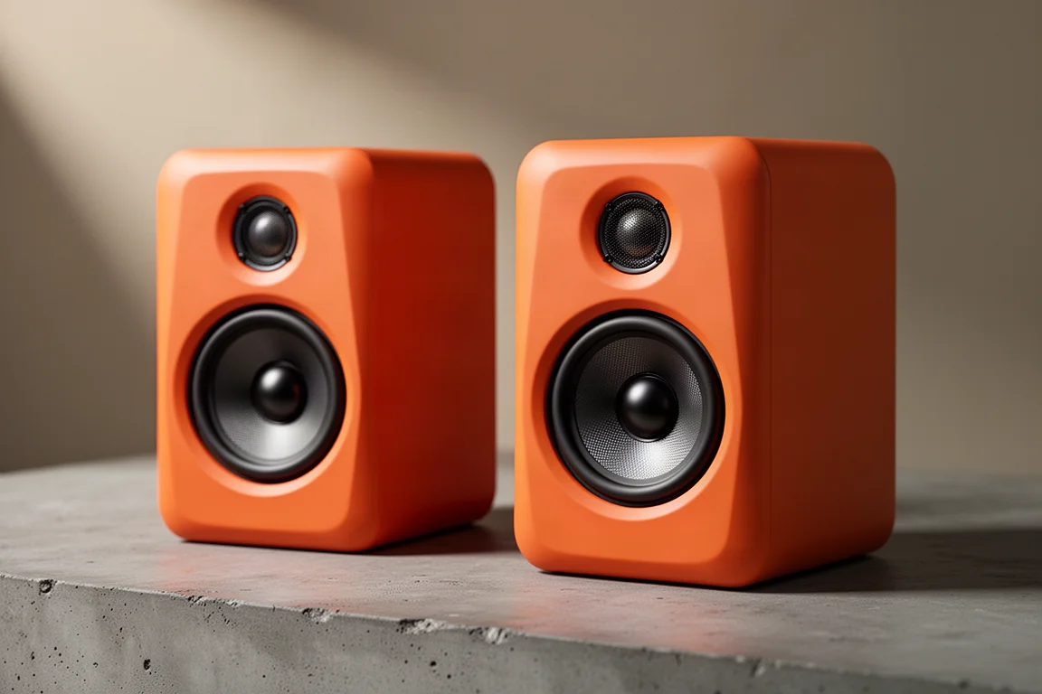 Pair of blue powered bookshelf speakers with grilles off on a matte concrete surface