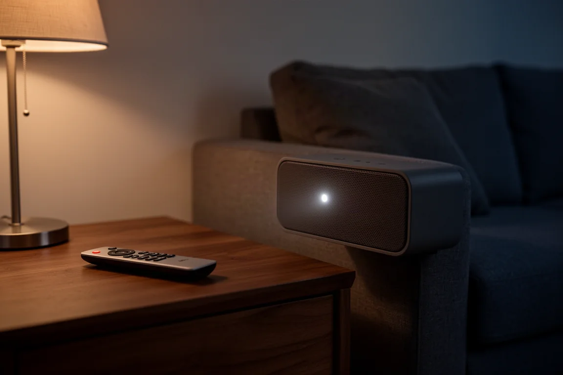 Salon tamisé avec un petit voyant lumineux sur la face avant d'une enceinte et une télécommande à proximité