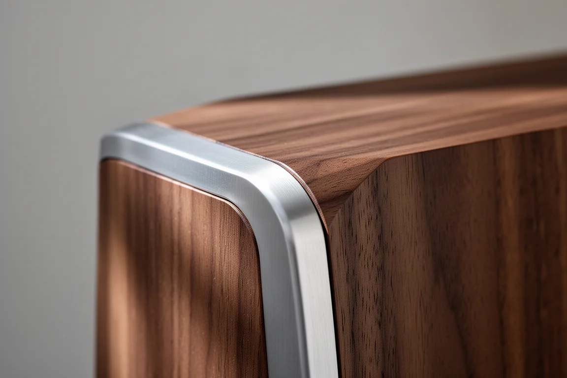 Détail rapproché du grain d'un coffret d'enceinte en noyer rejoignant un anneau de finition en métal brossé