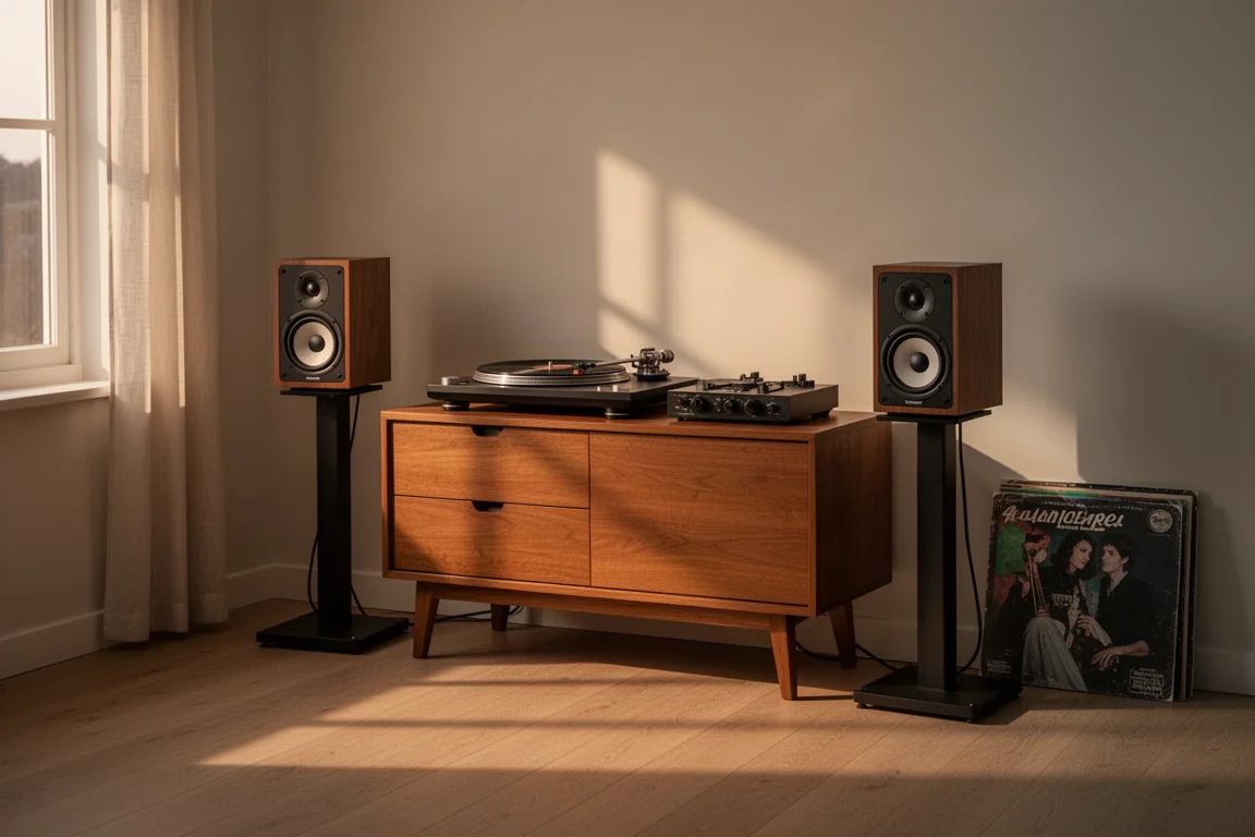 Installation d'écoute dans un petit appartement avec platine vinyle et deux enceintes sur pieds