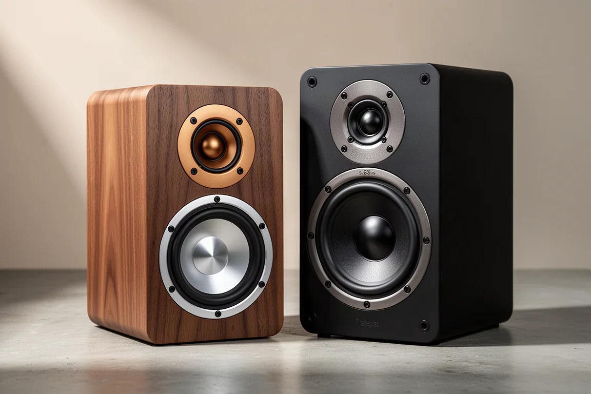 Two powered bookshelf speakers side by side on a matte concrete surface