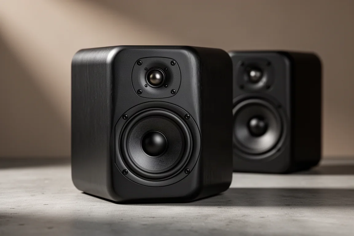 Compact black passive bookshelf speaker with exposed tweeter and mid bass driver on concrete