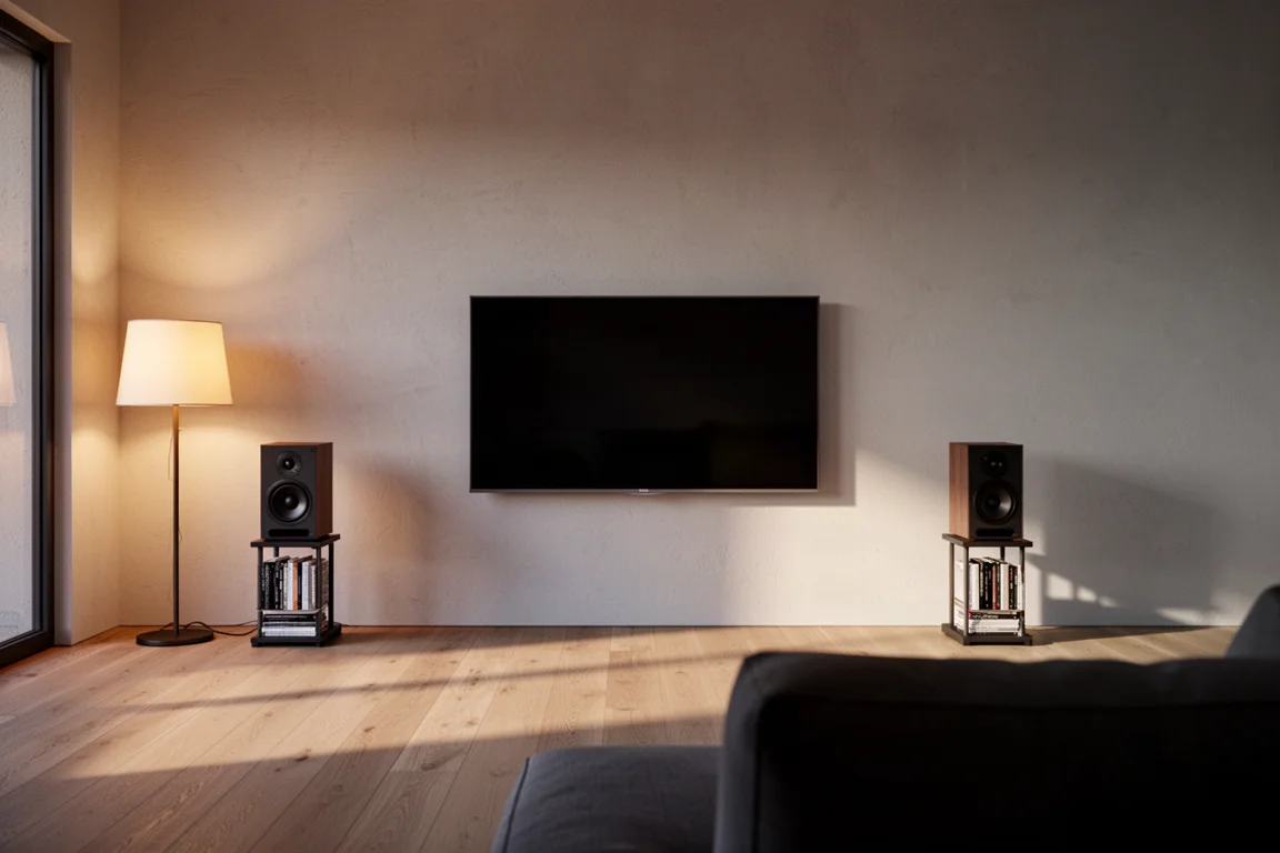 Moderne woonkamer bij schemer met een televisie en twee compacte boekenplankspeakers op vloerstandaards