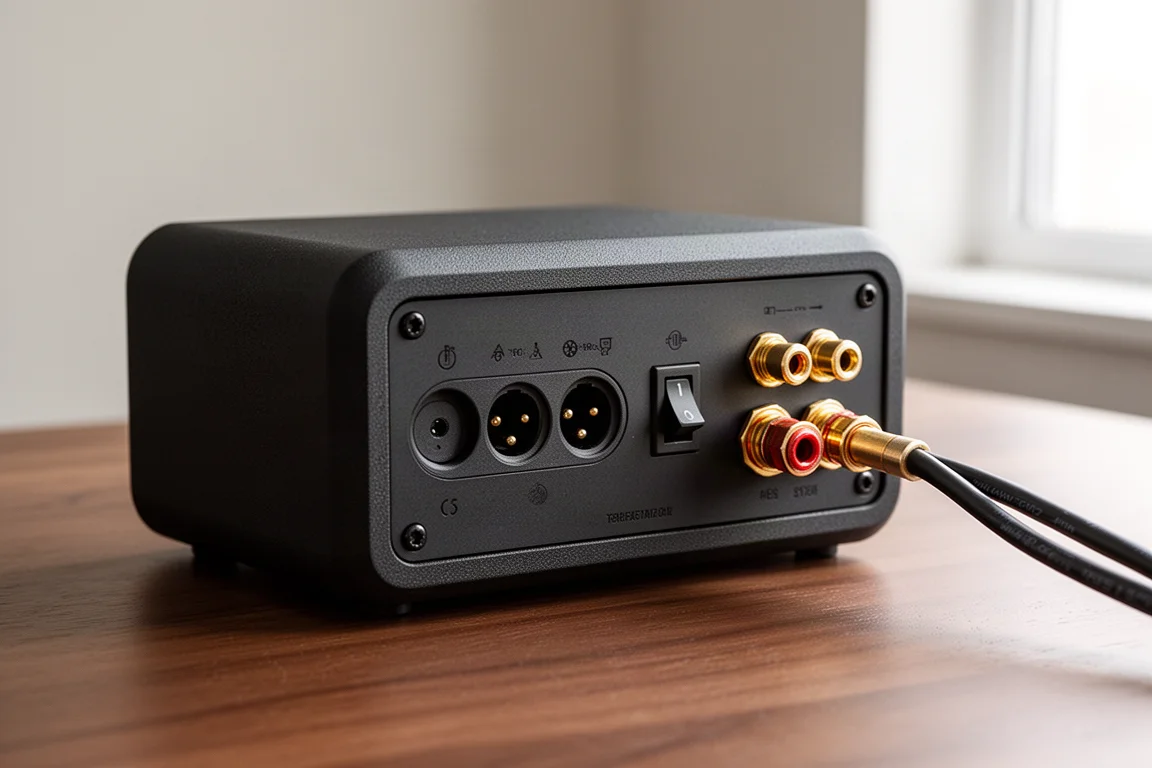 Detail van het achterpaneel van een actieve speaker met aansluitingen en vergulde binding posts